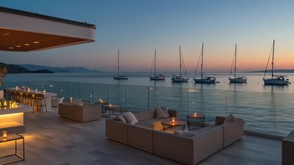 Serene waterfront lounge at dusk with sailboats and candlelit tables overlooking the sea