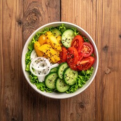 Colorful vegetable salad in white bowl on wooden table