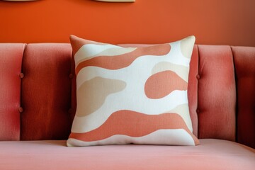 A decorative throw pillow, featuring an abstract pattern of flowing, organic shapes in warm terracotta, beige, and cream tones, sits nestled on a plush, deep rose-colored velvet sofa.