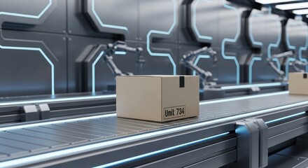 Automated futuristic warehouse with conveyor belt, robotic arms, and parcel unit 734 processing