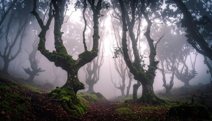 Ethereal Forest Landscape with Twisted Trees and Misty Atmosphere