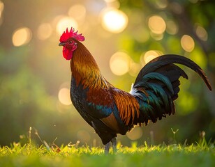 Rooster in a Field at Sunrise.