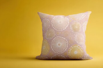 A decorative throw pillow showcases a delicate floral print in muted pinks and yellows against a bright mustard backdrop.