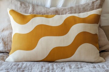 A mustard yellow and cream colored pillow with a wavy design rests on a light gray bed.