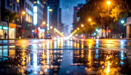 Obraz premium Rain falling on wet asphalt at night, creating reflections of city lights and buildings