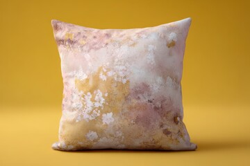 A square decorative cushion, featuring a unique marbled design in muted tones of pink, gold, and cream, sits on a mustard-yellow backdrop, creating a visually appealing aesthetic.