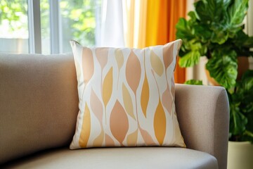 A decorative throw pillow with a muted color leaf design graces a light beige sofa.