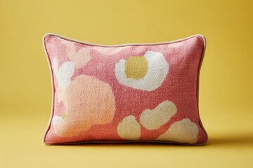 A decorative rectangular throw pillow showcases a vibrant pink canvas with abstract floral designs in cream and pale yellow accents.