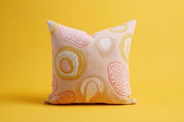 A decorative, light-pink cushion displays a design of abstract, circular shapes in pale peach, pale yellow, and light-pink hues against a bright yellow background.