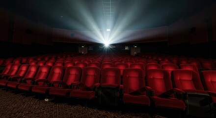Rows of plush red seats await in a vintage cinema theater setting bathed in projected light