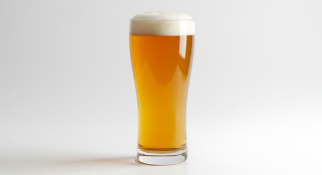 Tall glass of golden beer with frothy white head on a clean white background