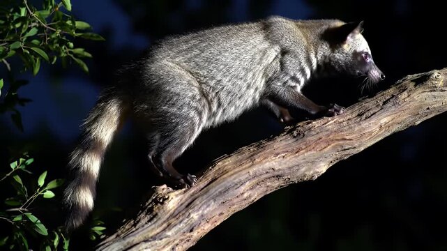 High Angle Wide Shot of an Asian Palm Civet on a Tree Branch at Night Displays its Black and White Coat Emphasizing Nocturnal Wildlife and Conservation Efforts for Adobe Stock