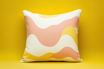A decorative pillow with a striking design featuring soft pink and yellow wavy shapes on a white background, displayed against a bright yellow backdrop.