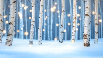 Snow falling gently around slender birch trees in a quiet forest, soft light filtering through