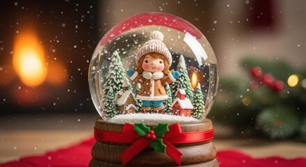 Obraz premium A snow globe with a girl in a hat and a house in the background