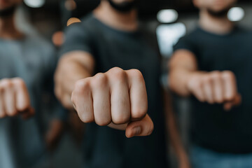 Close Up of Fists Raised in Solidarity, Casual Clothing, Blurred Background, motion blur Business concept, motion bokeh background