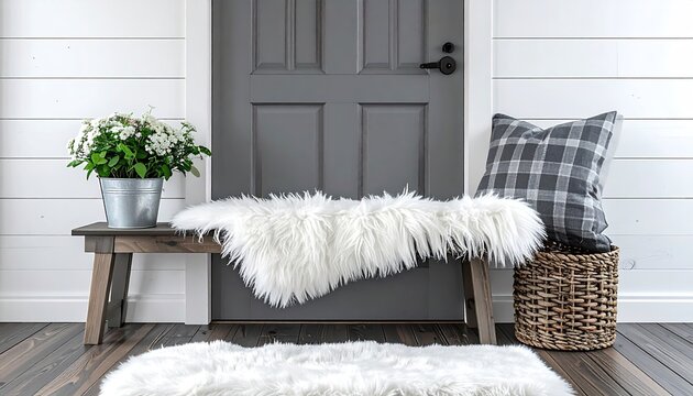 Gray door with bench, fluffy rug, flower pot, and pillow