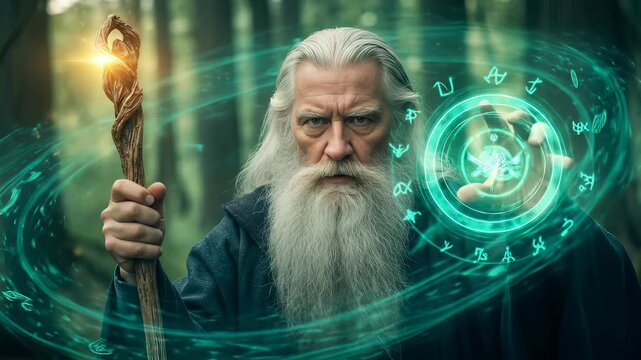 A mystical wizard casting spells in an enchanted forest surrounded by magic