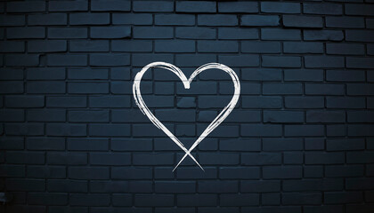 White heart on textured black brick wall, minimalist art, copy space
