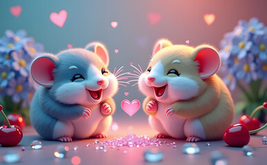 Cute hamsters celebrating Valentine's Day with sparkling hearts and cherries, cheerful illustration
