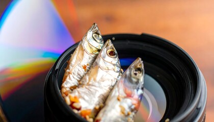 Dried fish inside camera lens, CD reflection
