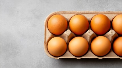 Cardboard carton holding fresh organic white and brown eggs arranged neatly on a plain neutral gray studio backdrop.