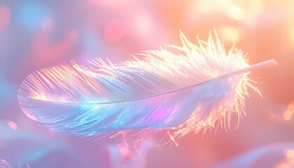 Illuminated feather floating on blurred, pastel bokeh background