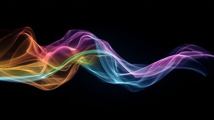 Abstract glowing colorful waves pattern with vibrant light lines flowing across a dark background, representing fluid motion and energy.