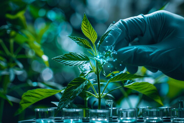 scientist hand examines green plant leaf in laboratory, showcasing research and innovation in botany. scene is vibrant and filled with potential