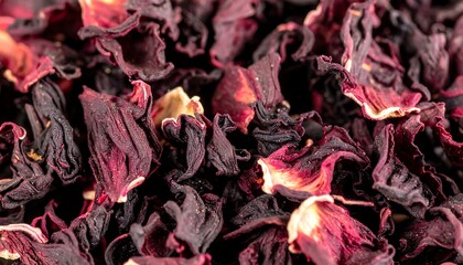 Dried flower petals, deep red and crimson, close-up