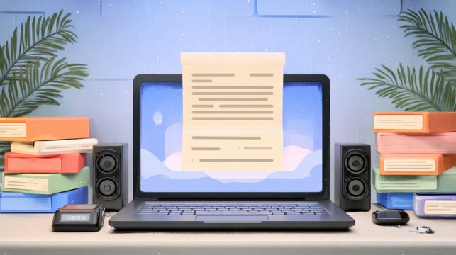 Document management workflow displayed on a modern laptop surrounded by colorful books and speakers in a cozy workspace setting