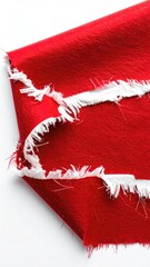 Red fabric with frayed white edges on white background