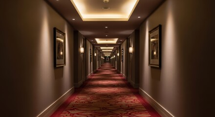 Luxurious hotel corridor with elegant carpet and ambient lighting