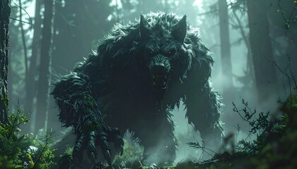 Ferocious beast in misty woods