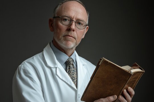 A mature, bespectacled doctor in a white coat holds an aged book, conveying wisdom and experience.