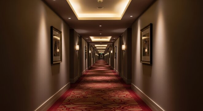 Luxurious hotel corridor with elegant carpet and ambient lighting