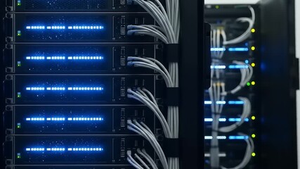 Server Room Rack with Blue Lights and Cables. - Powered by Adobe