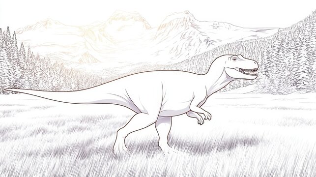 Explore a fantastic coloring page featuring a dinosaur roaming freely in a lush valley surrounded by mountains and trees during a bright, sunny day, coloring page, coloring book