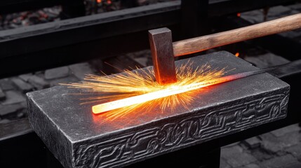 Creating art through metalwork with hammer striking an anvil, sparks flying in a traditional forge setting