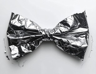Crumpled metallic bow tie on white background