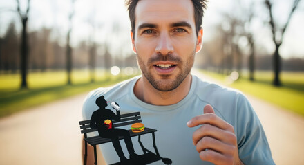 Athletic man jogging in a park with a vibrant background, illustrating the contrast between healthy living and unhealthy eating habits, promoting a balanced lifestyle