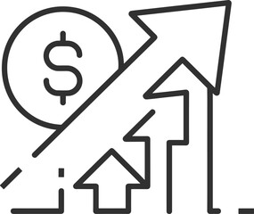 Financial growth vector, dollar sign with rising arrows, economic improvement, investment success, profit increase, business performance, black and white line illustration