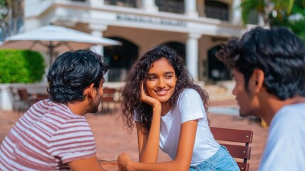 Obraz premium Teen friends enjoying a sunny day at a vibrant outdoor cafe, sharing laughter and stories while relaxing in a lively atmosphere
