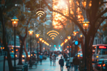 Obraz premium bustling city street at sunset with Wi Fi symbols and glowing lamps, creating vibrant atmosphere