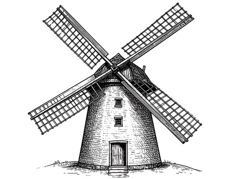 Detailed ink drawing of a classic windmill (2) - Powered by Adobe