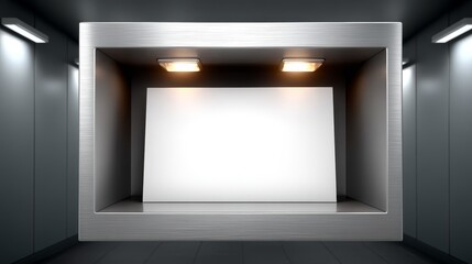 Fototapeta premium Blank White Horizontal Billboard Displayed in a Modern, Lit, Metallic Niche or Showcase.
