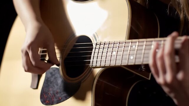 Close Up of Acoustic Guitar Being Plucked in Warm Lighting with Black Backdrop