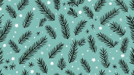 A festive pattern of dark green pine branches and white snowflakes scattered across a teal background, evoking a winter holiday theme.
