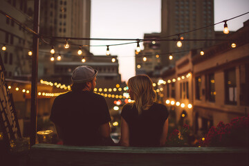 Couple Watching City Lights at Twilight from Rooftop Deck Romantic Evening, motion blur Business concept, motion bokeh background