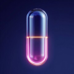 Futuristic transparent glass capsule with glowing neon lights on a dark blue background